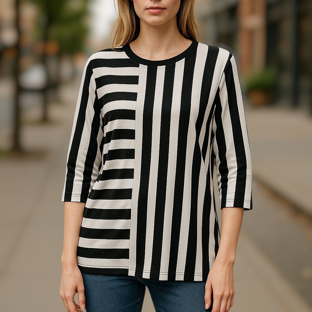 Nygard Black White Stripe 3/4” Sleeve Half Drop Tail Hem Tunic Size S